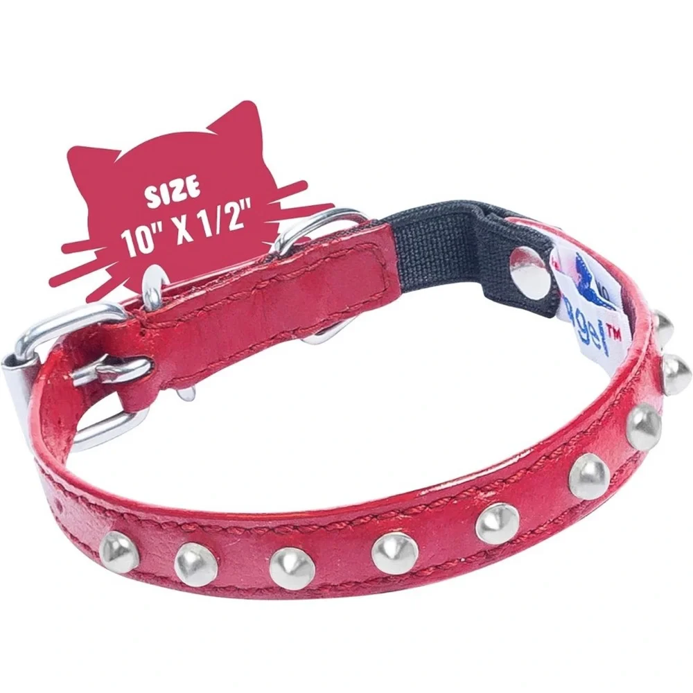 Safety Stretch Naturally Tanned Real Leather Quality Studded Cat Collar Red NWOT